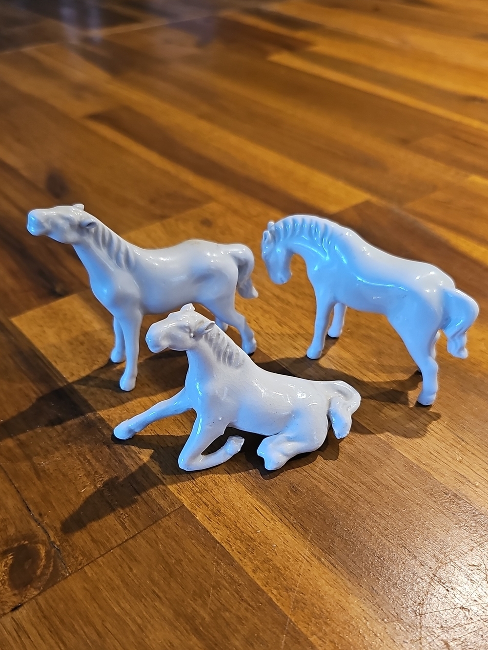 Mid-Century White Glazed Ceramic Horse Set 3 Blanc de Chine Style Mini Horses
